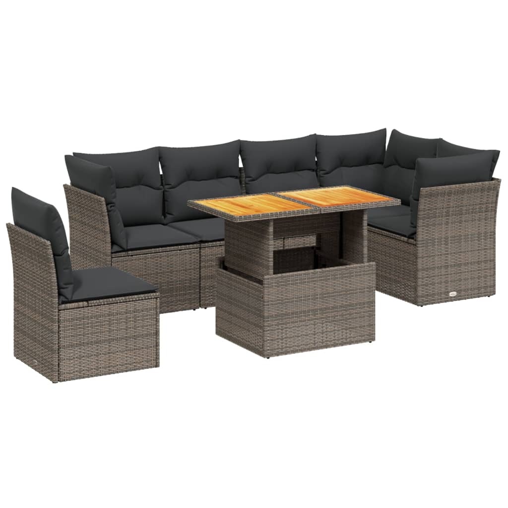 Salon de jardin avec coussins 7 pcs gris résine tressée