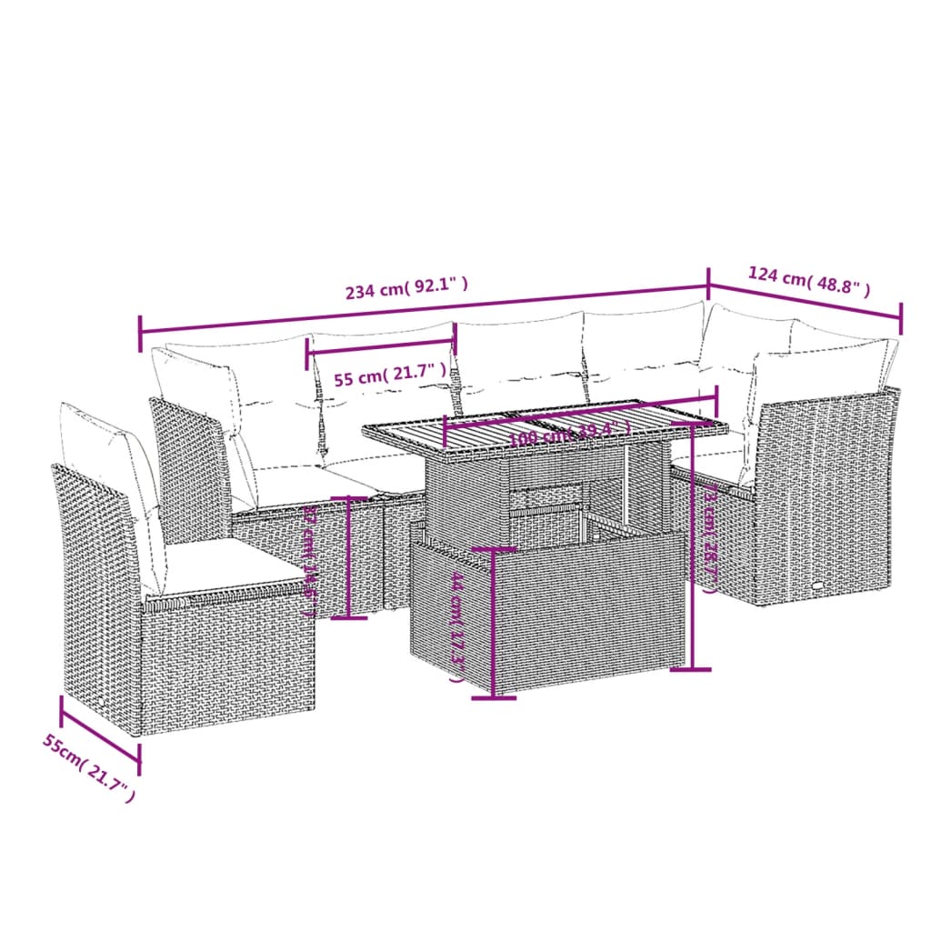Salon de jardin avec coussins 7 pcs gris résine tressée