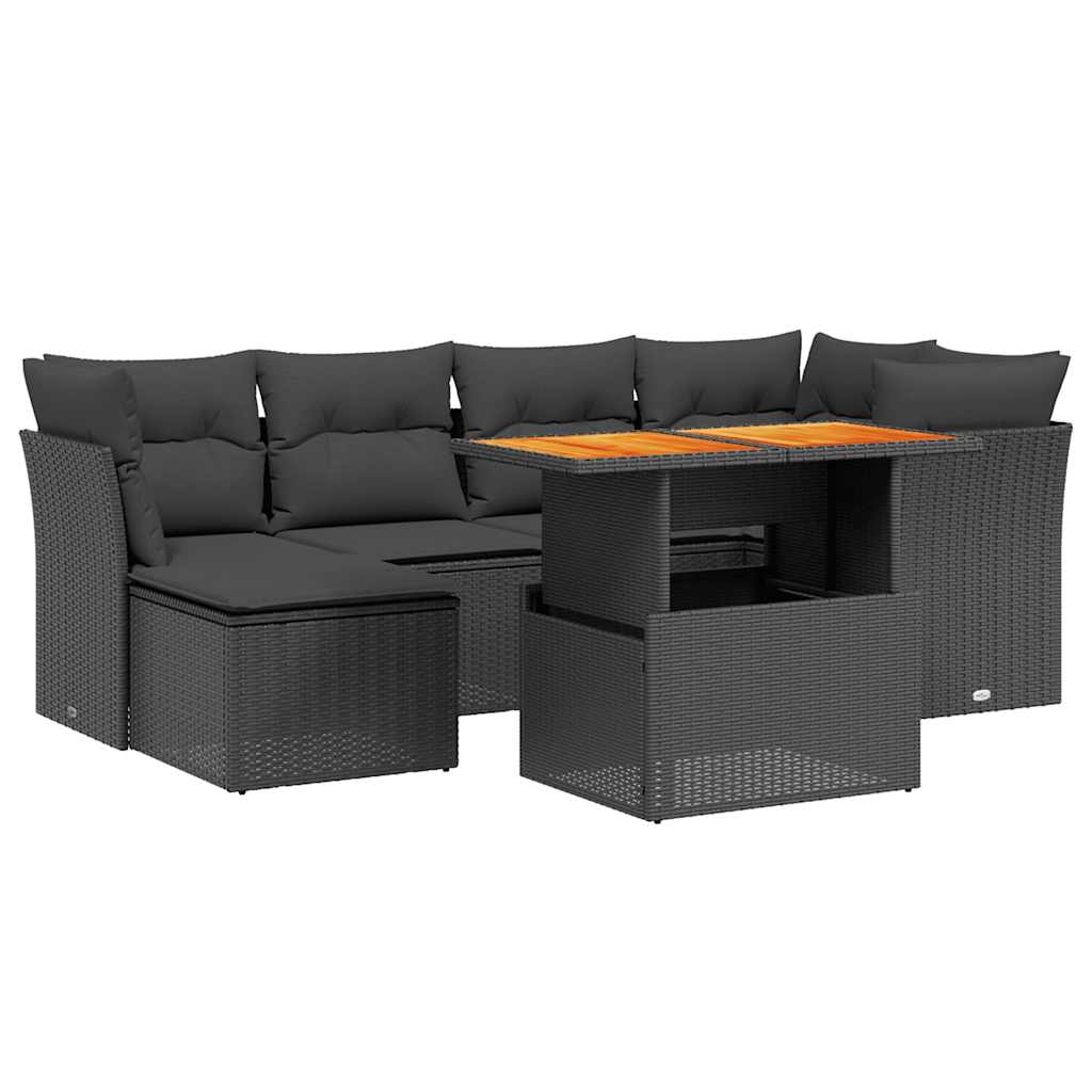 Salon de jardin 7 pcs avec coussins noir résine tressée