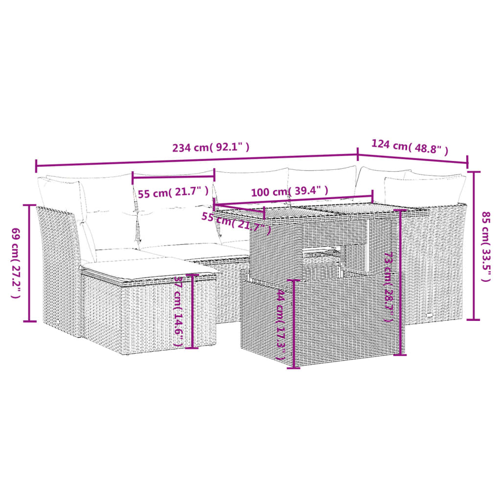 Salon de jardin avec coussins 7 pcs beige résine tressée