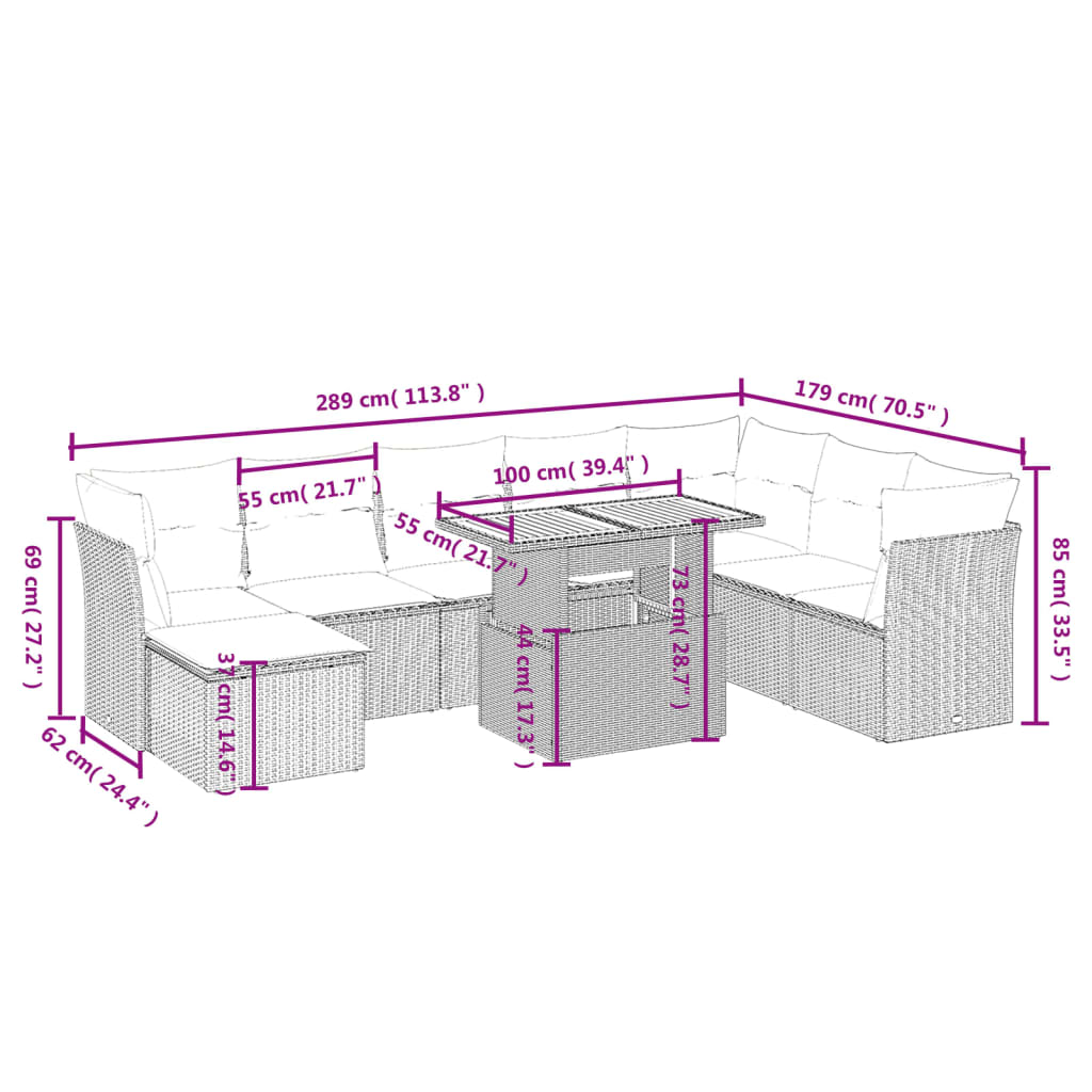 Salon de jardin avec coussins 9 pcs beige résine tressée