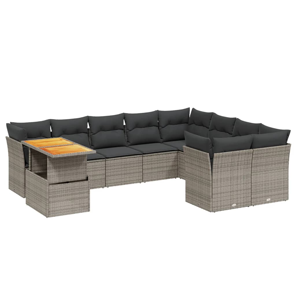 Salon de jardin avec coussins 10 pcs gris résine tressée