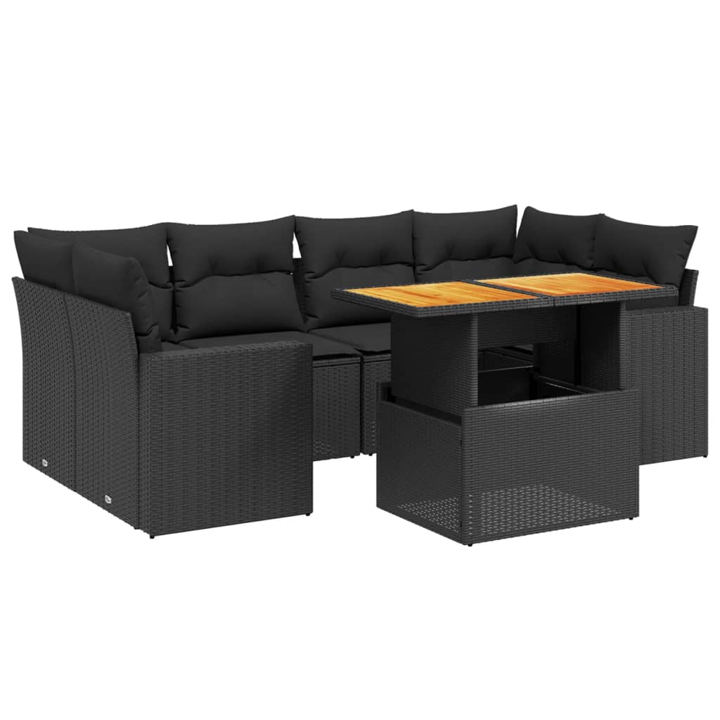 Salon de jardin 7 pcs avec coussins noir résine tressée