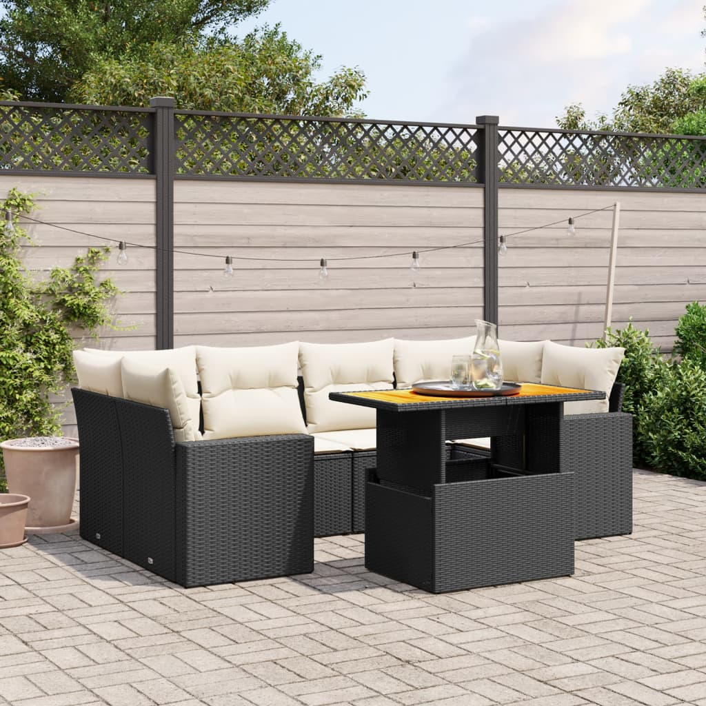 Salon de jardin 7 pcs avec coussins noir résine tressée