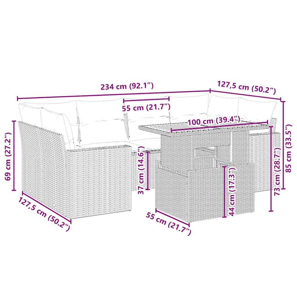 Salon de jardin avec coussins 7 pcs beige résine tressée