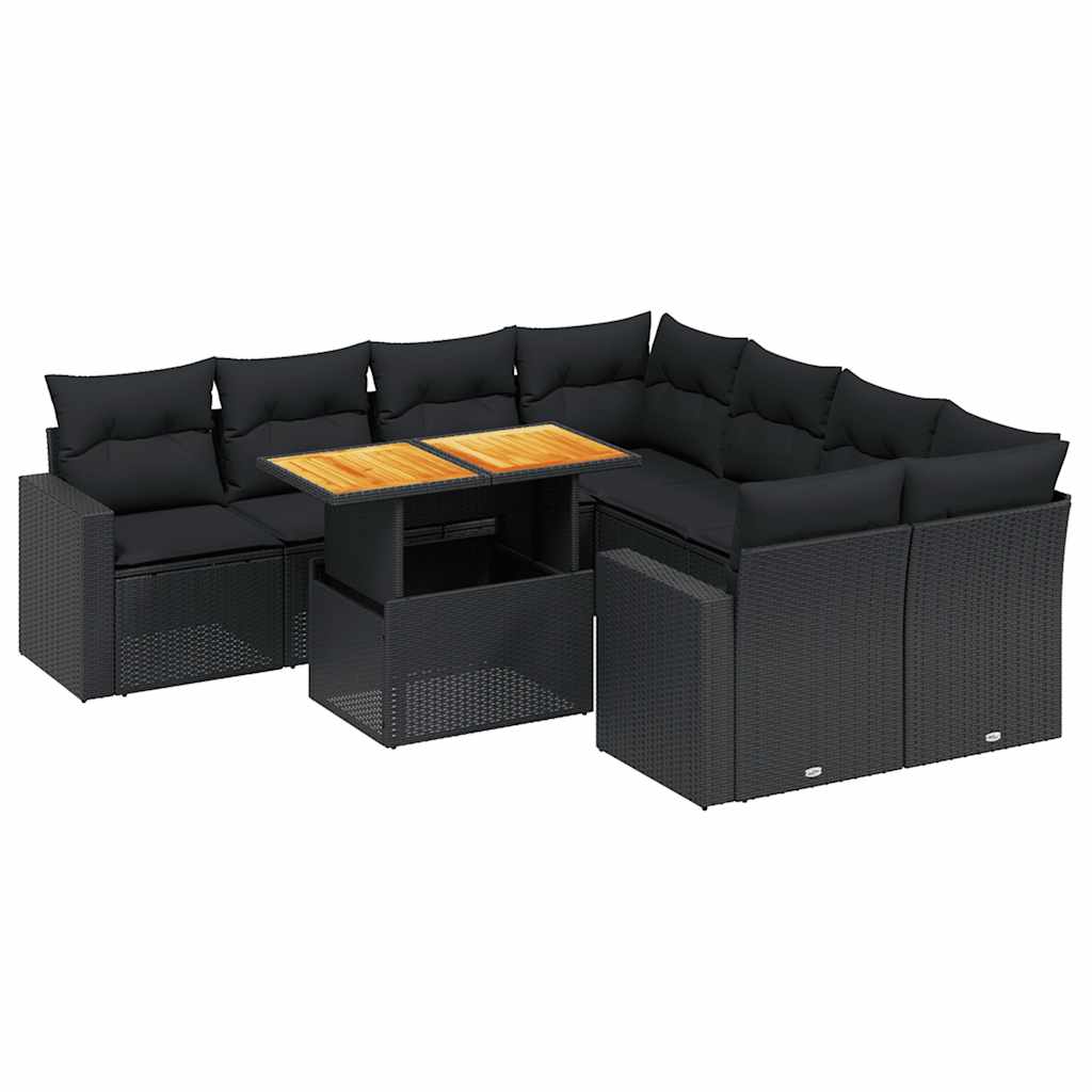 Salon de jardin 9 pcs avec coussins noir résine tressée