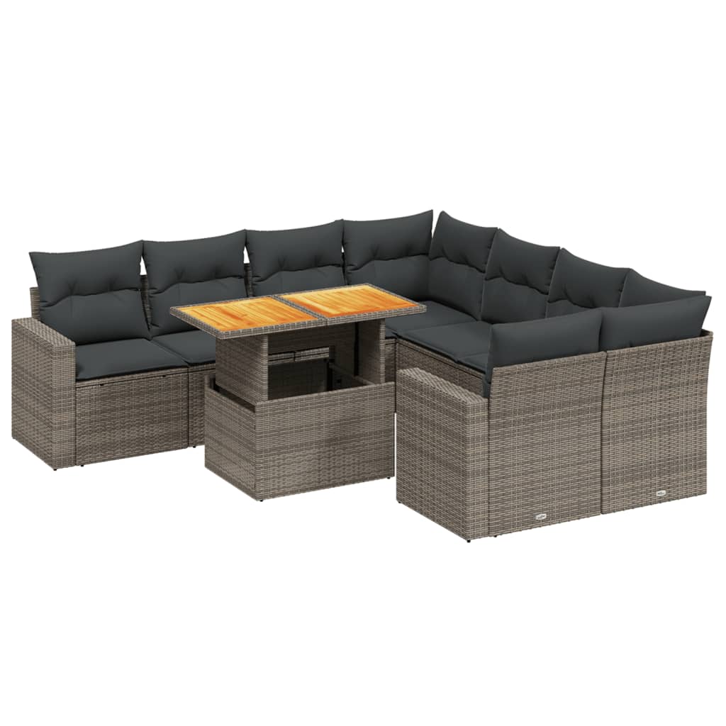Salon de jardin 9 pcs avec coussins gris résine tressée