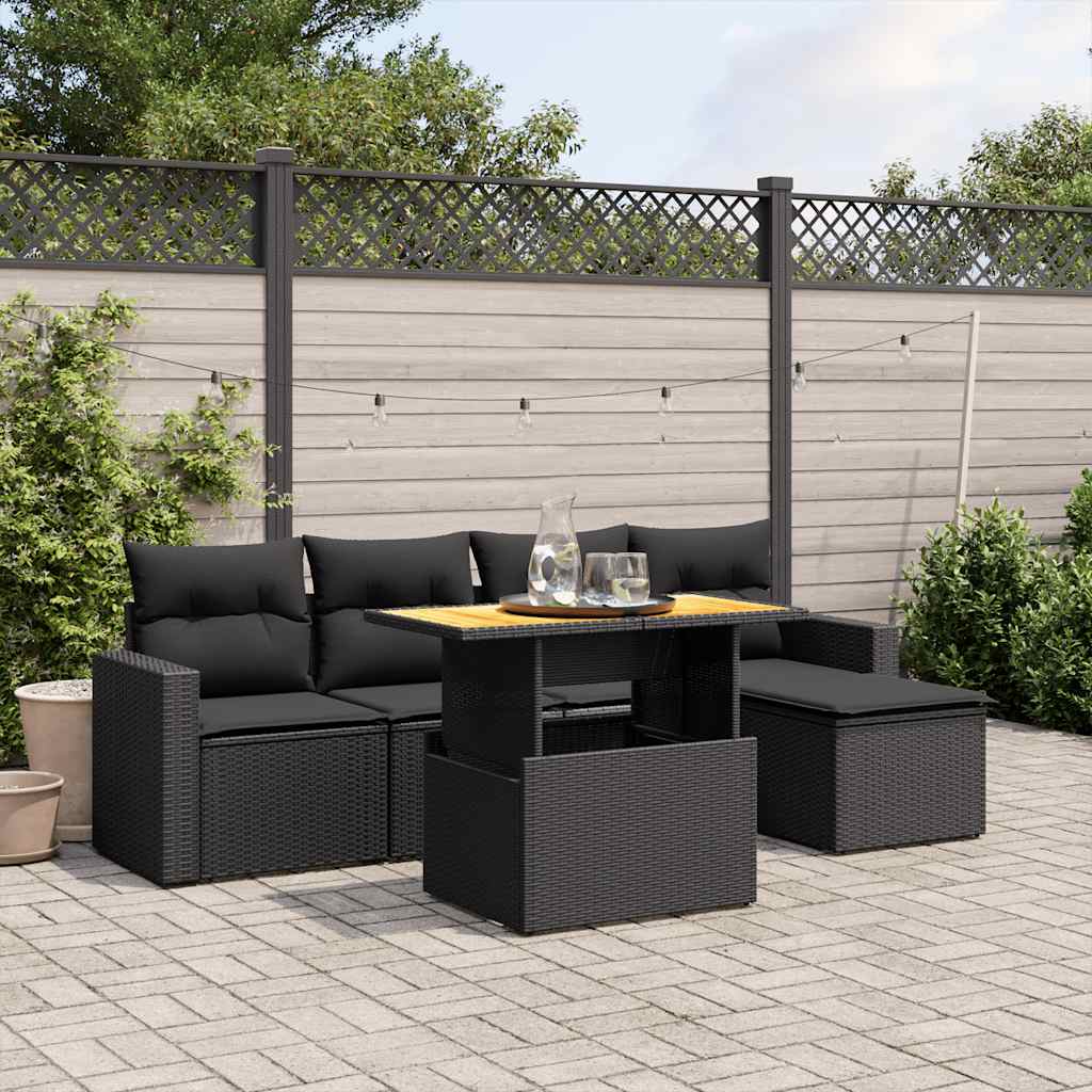 Salon de jardin 6 pcs avec coussins noir résine tressée