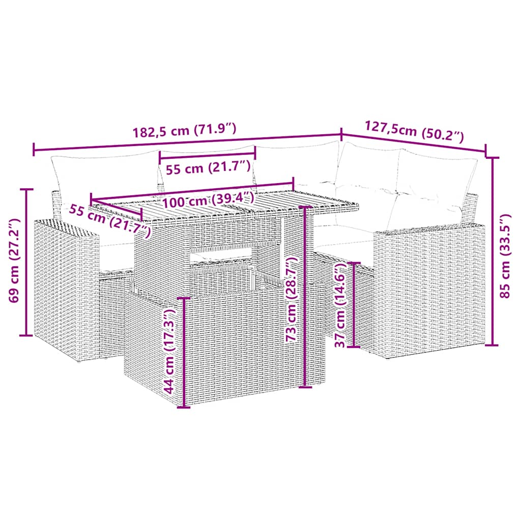 Salon de jardin avec coussins 5 pcs beige résine tressée