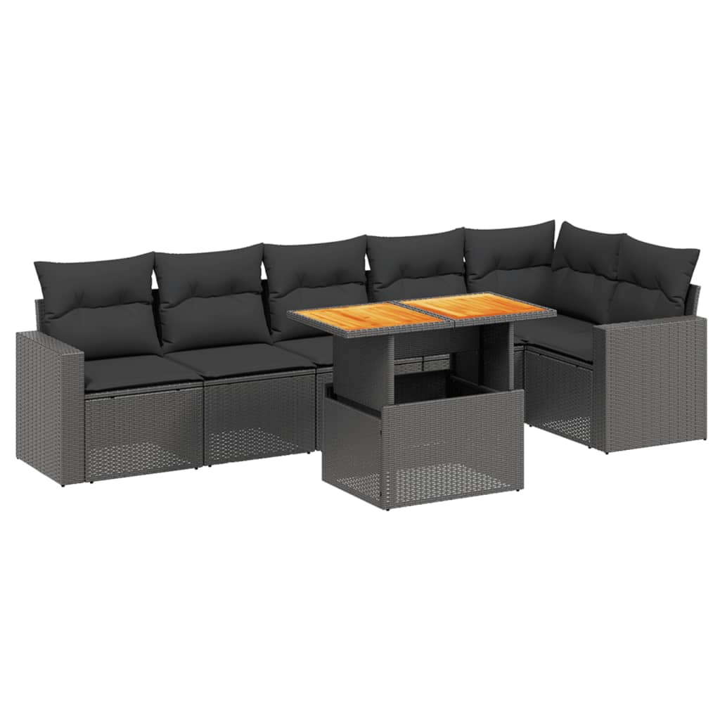 Salon de jardin 7 pcs avec coussins noir résine tressée