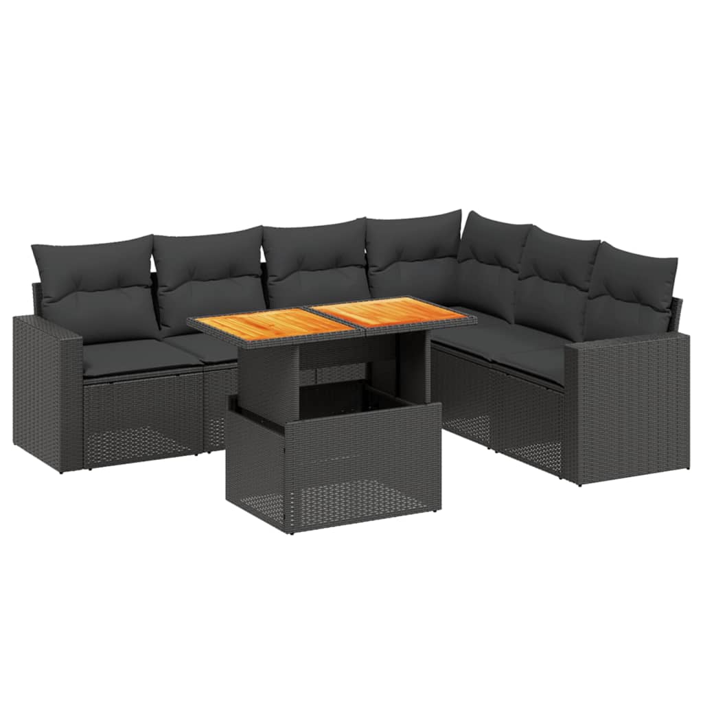Salon de jardin 7 pcs avec coussins noir résine tressée