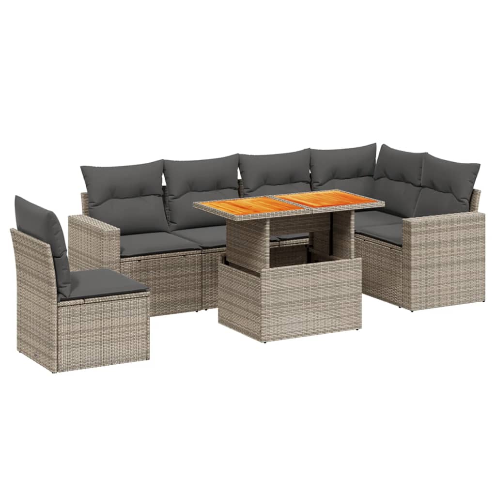 Salon de jardin avec coussins 7 pcs gris résine tressée