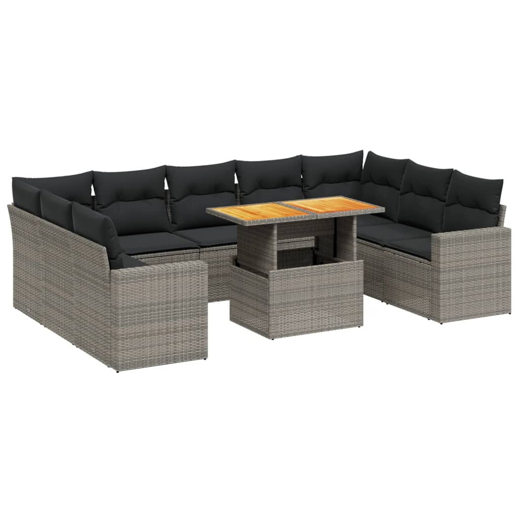 Salon de jardin avec coussins 10 pcs gris résine tressée