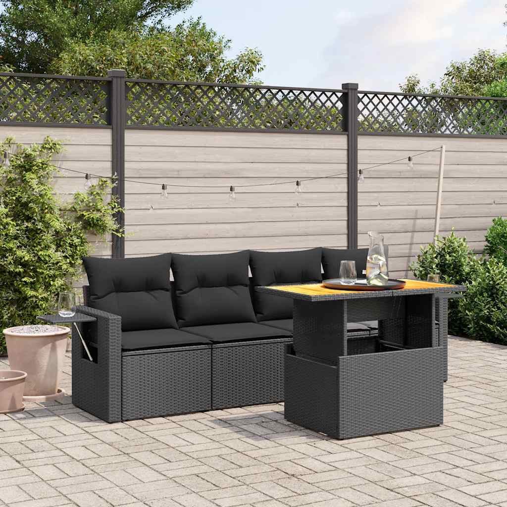 Salon de jardin 5 pcs avec coussins noir résine tressée
