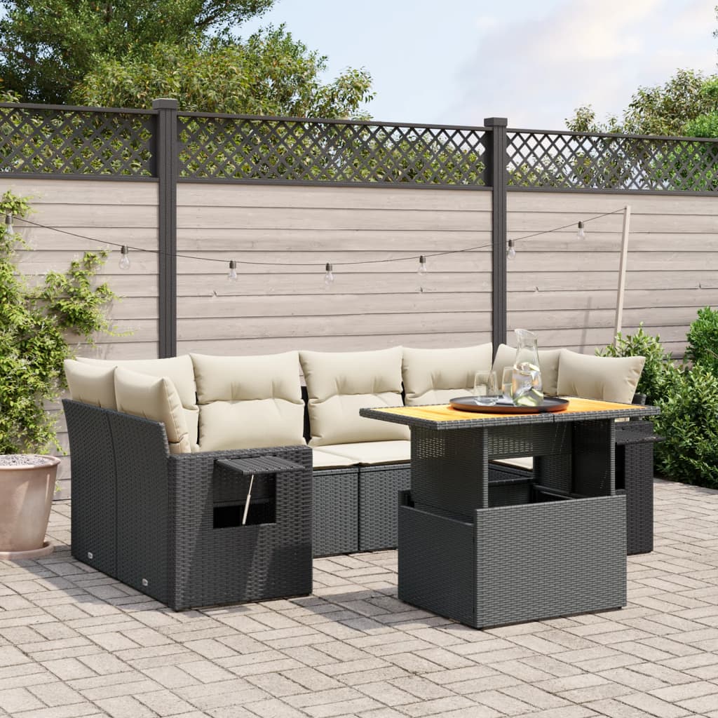 Salon de jardin 7 pcs avec coussins noir résine tressée