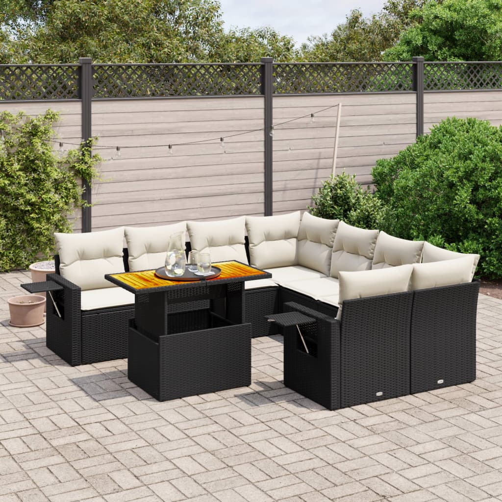 Salon de jardin 9 pcs avec coussins noir résine tressée
