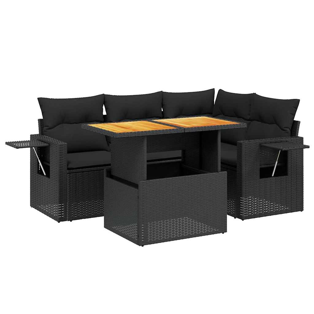 Salon de jardin 5 pcs avec coussins noir résine tressée