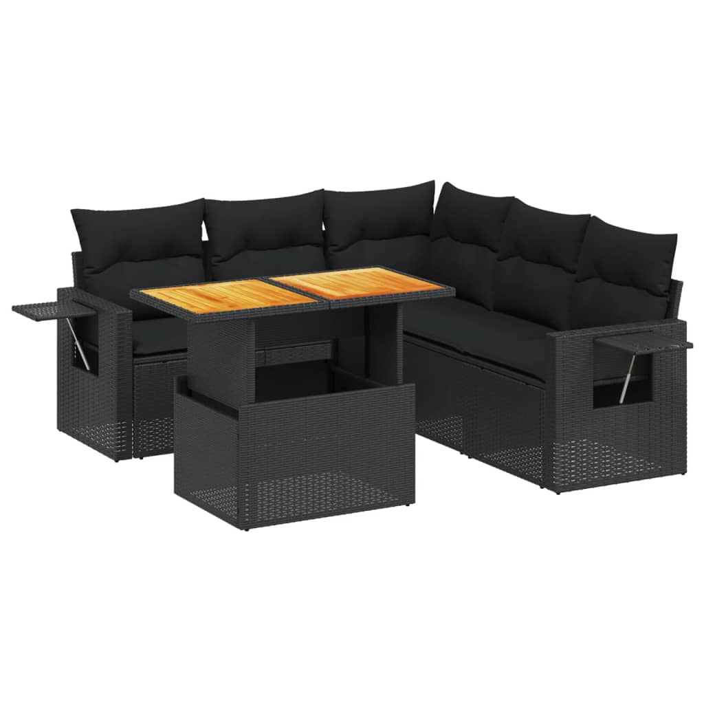 Salon de jardin 6 pcs avec coussins noir résine tressée