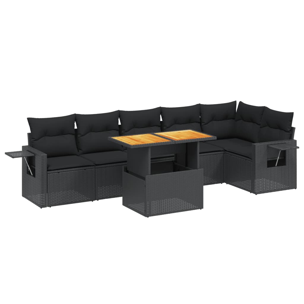 Salon de jardin 7 pcs avec coussins noir résine tressée