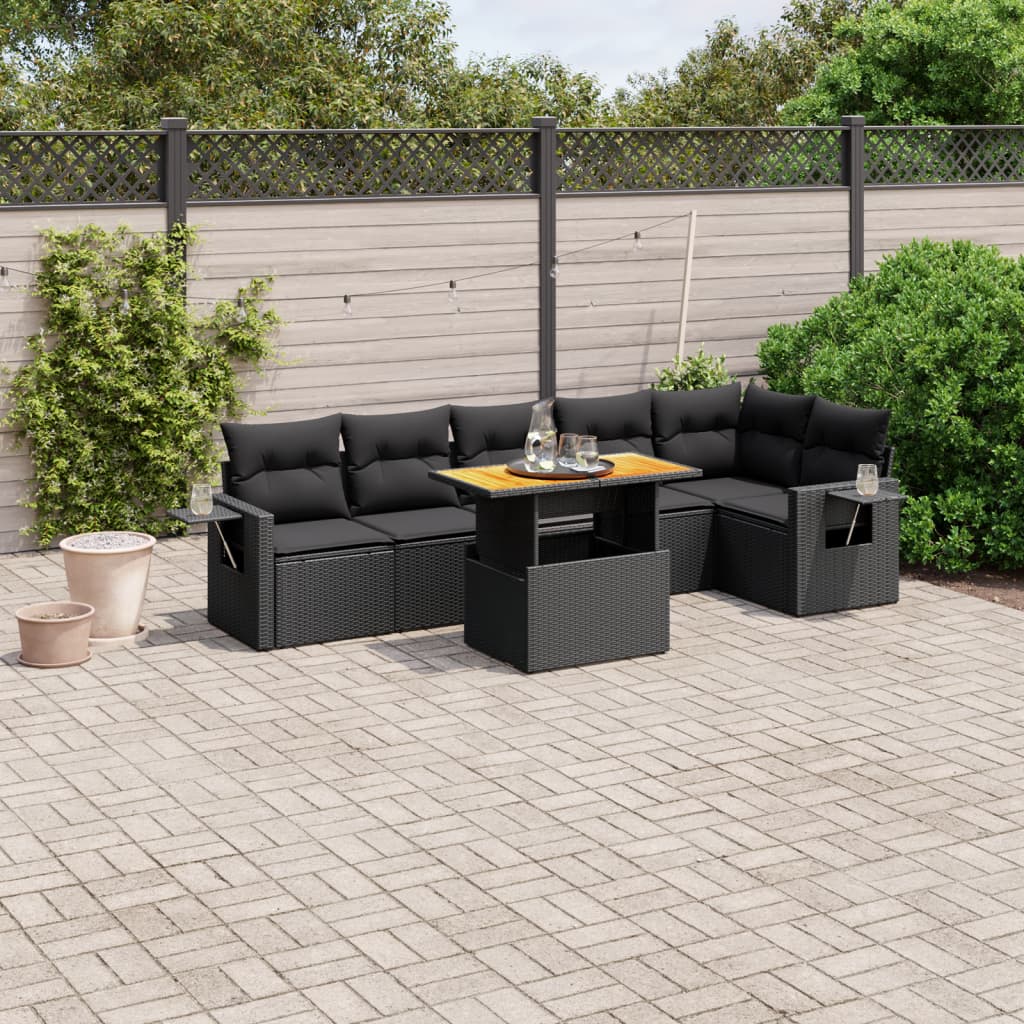 Salon de jardin 7 pcs avec coussins noir résine tressée