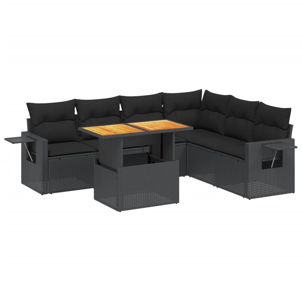 Salon de jardin 7 pcs avec coussins noir résine tressée