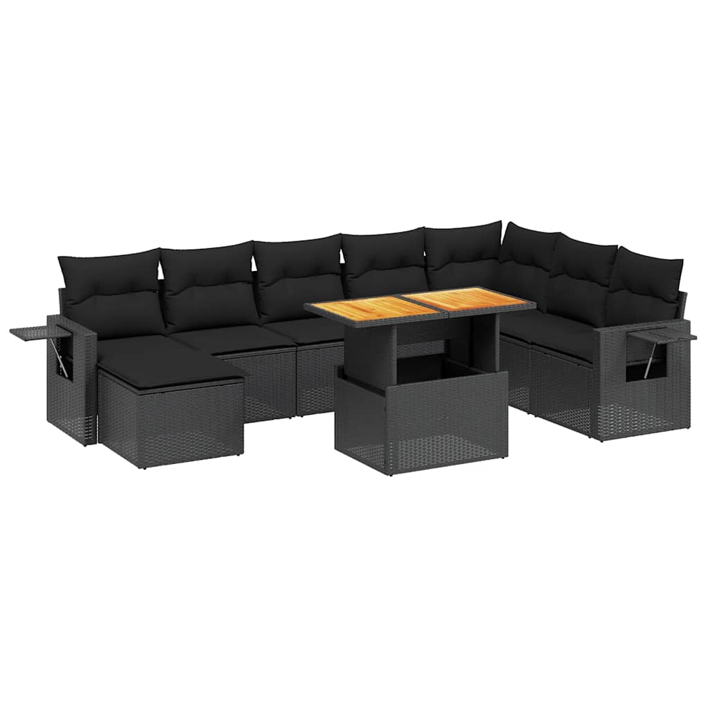 Salon de jardin 9 pcs avec coussins noir résine tressée