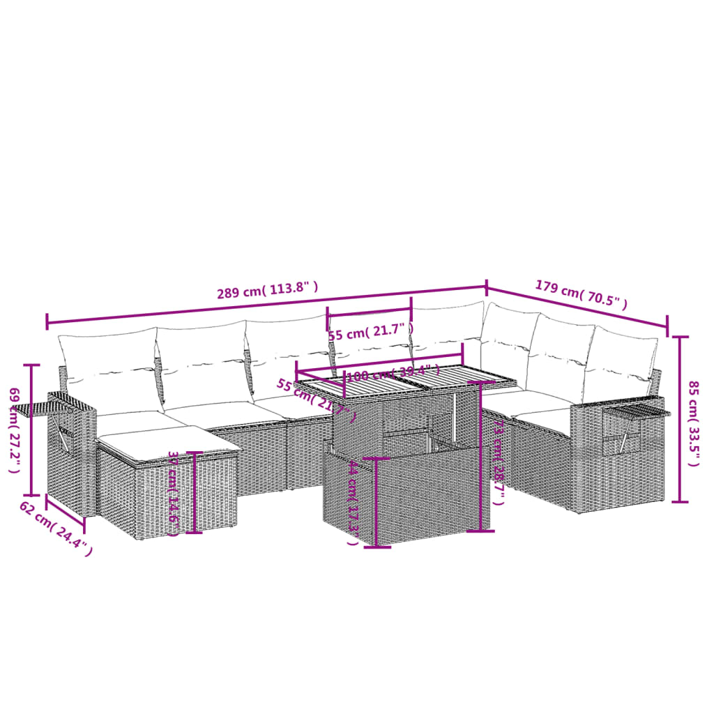 Salon de jardin avec coussins 9 pcs beige résine tressée