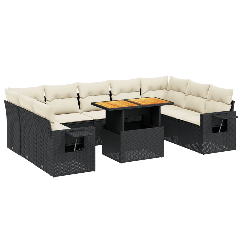 Salon de jardin 10 pcs avec coussins noir résine tressée