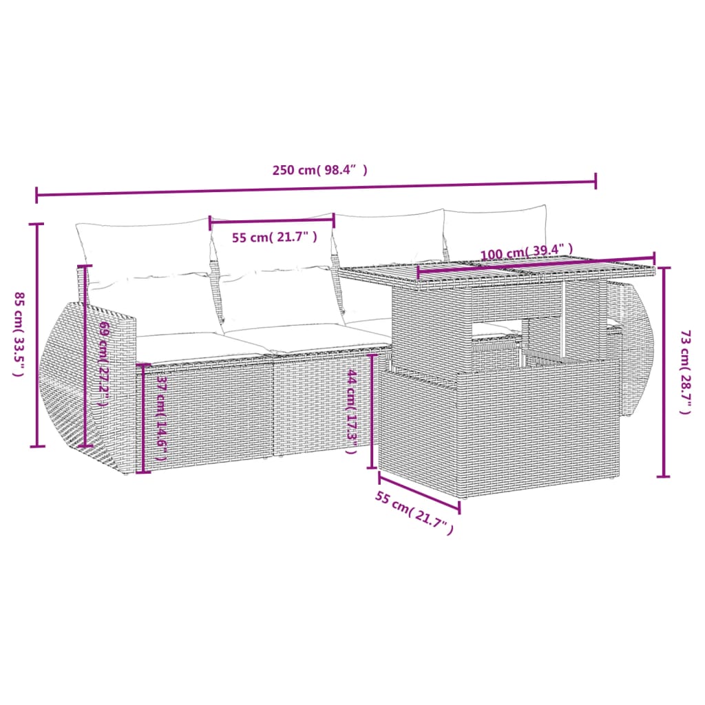Salon de jardin 5 pcs avec coussins gris résine tressée