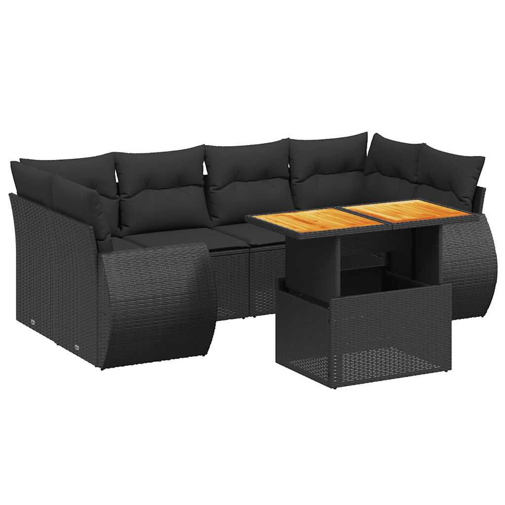 Salon de jardin 7 pcs avec coussins noir résine tressée