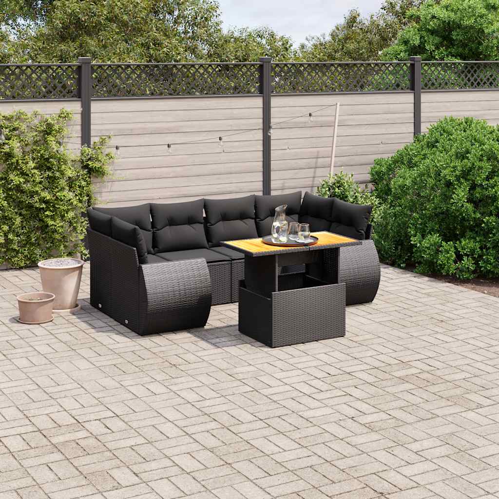 Salon de jardin 7 pcs avec coussins noir résine tressée