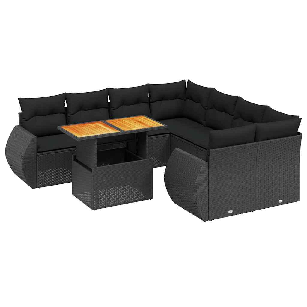 Salon de jardin 9 pcs avec coussins noir résine tressée