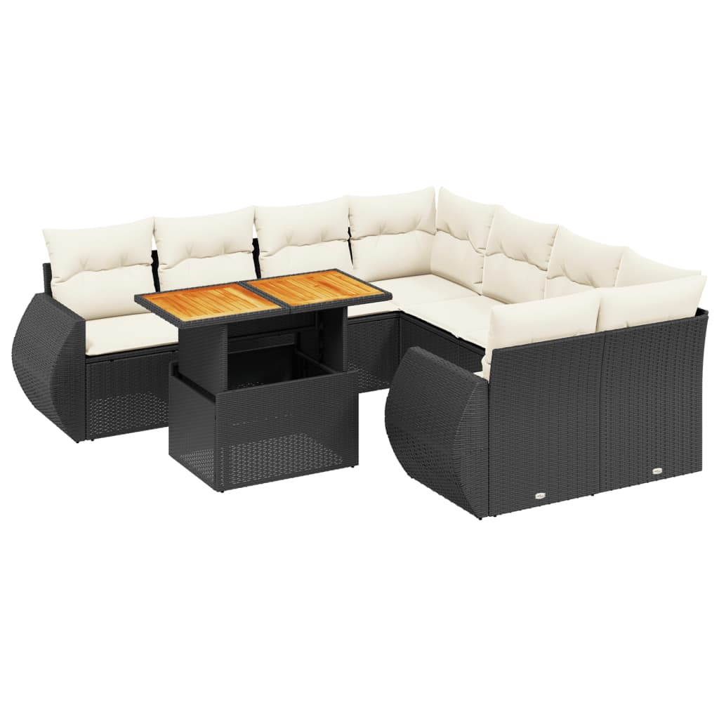 Salon de jardin 9 pcs avec coussins noir résine tressée
