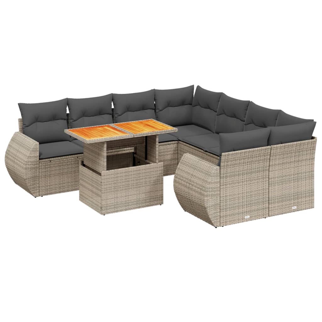Salon de jardin 9 pcs avec coussins gris résine tressée