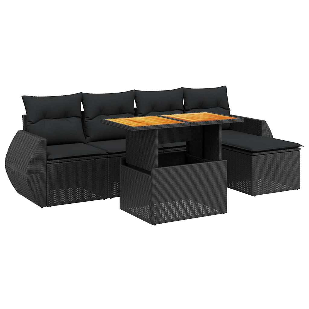 Salon de jardin 6 pcs avec coussins noir résine tressée