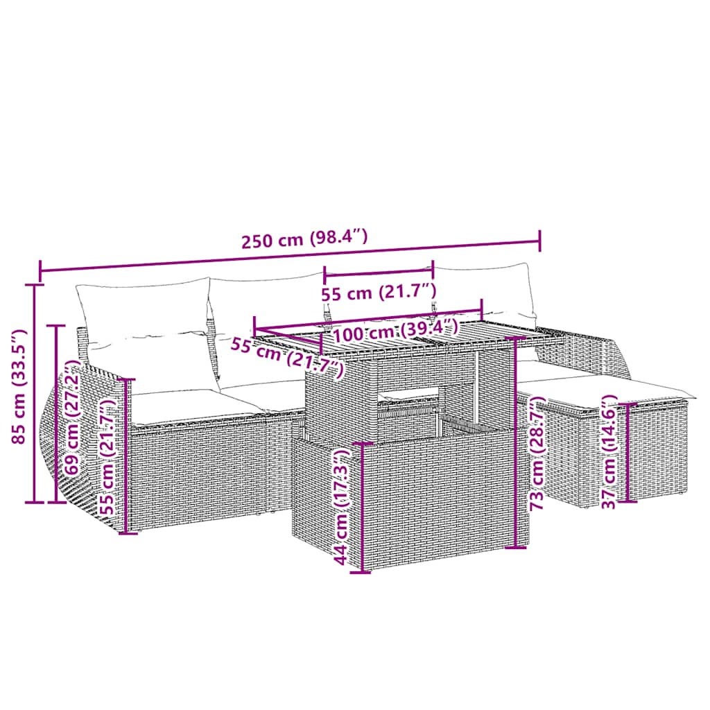 Salon de jardin avec coussins 6 pcs beige résine tressée