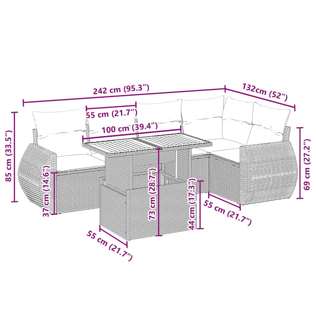 Salon de jardin avec coussins 6 pcs beige résine tressée