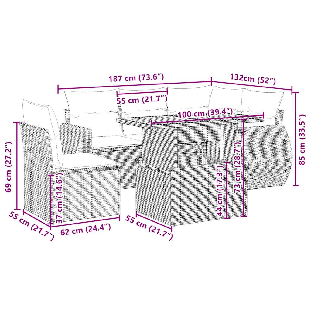 Salon de jardin avec coussins 6 pcs beige résine tressée