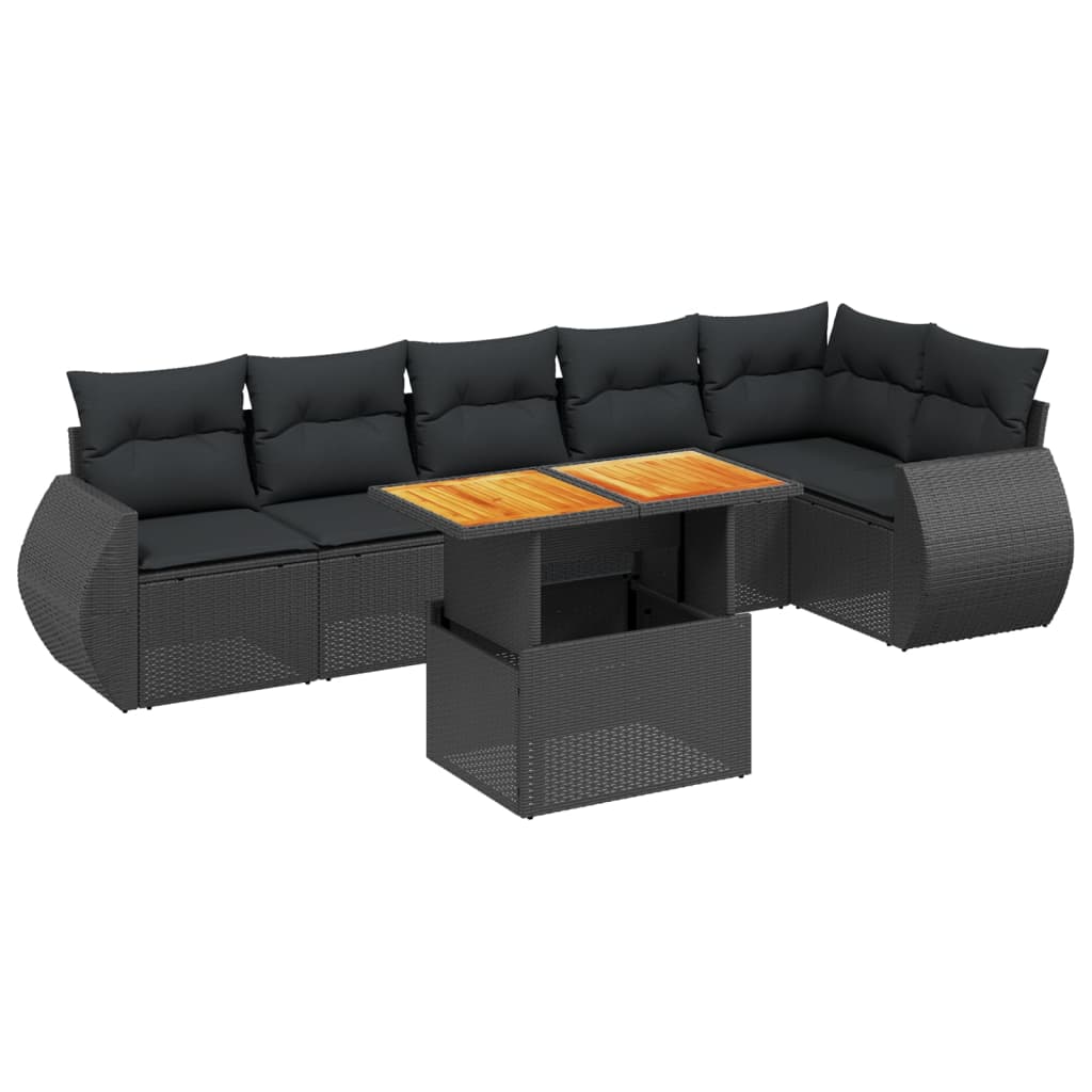 Salon de jardin 7 pcs avec coussins noir résine tressée
