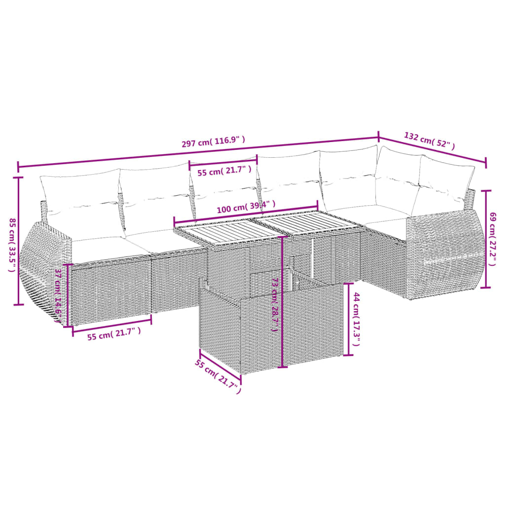 Salon de jardin avec coussins 7 pcs beige résine tressée