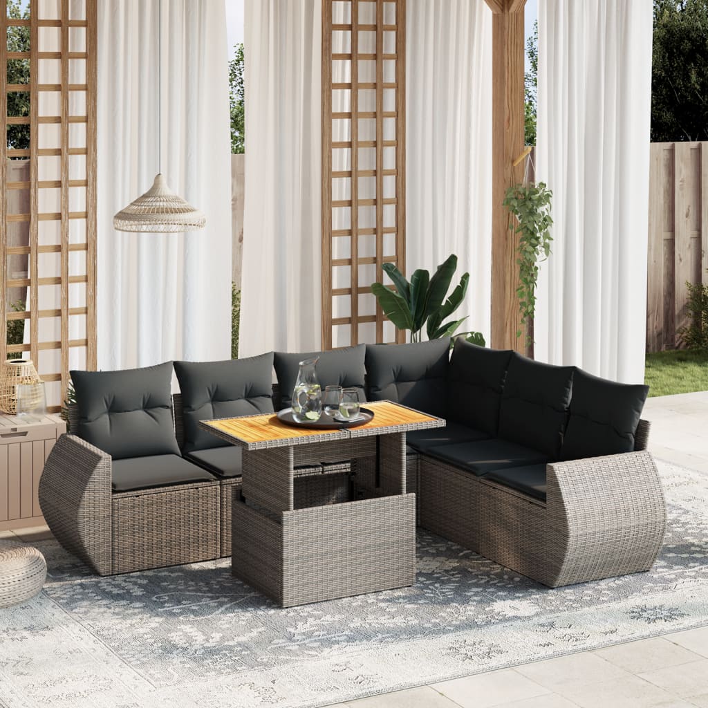 Salon de jardin avec coussins 7 pcs gris résine tressée