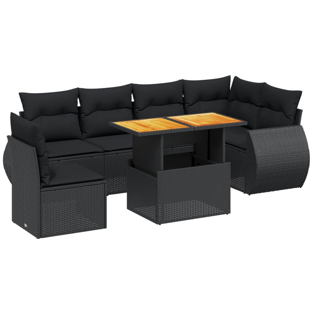 Salon de jardin 7 pcs avec coussins noir résine tressée