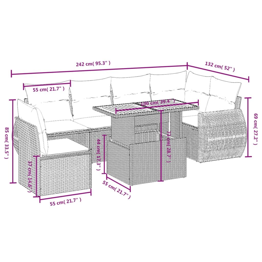 Salon de jardin avec coussins 7 pcs beige résine tressée