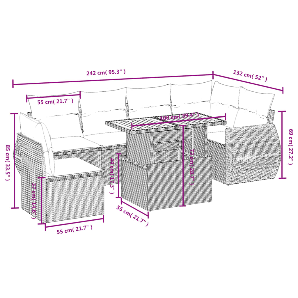 Salon de jardin avec coussins 7 pcs gris résine tressée