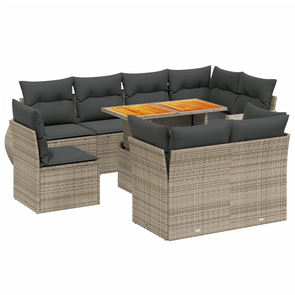 Salon de jardin 9 pcs avec coussins gris résine tressée