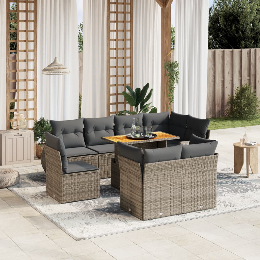 Salon de jardin 9 pcs avec coussins gris résine tressée
