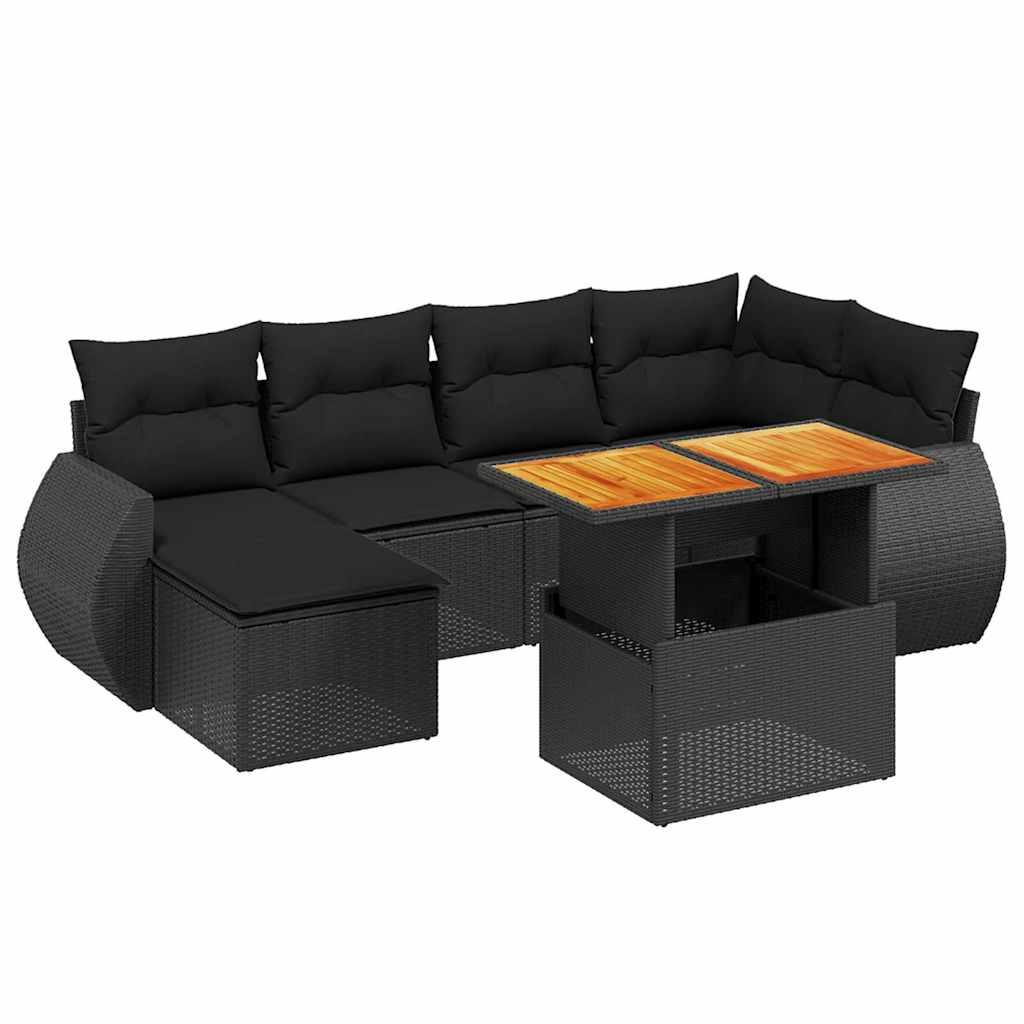 Salon de jardin 7 pcs avec coussins noir résine tressée