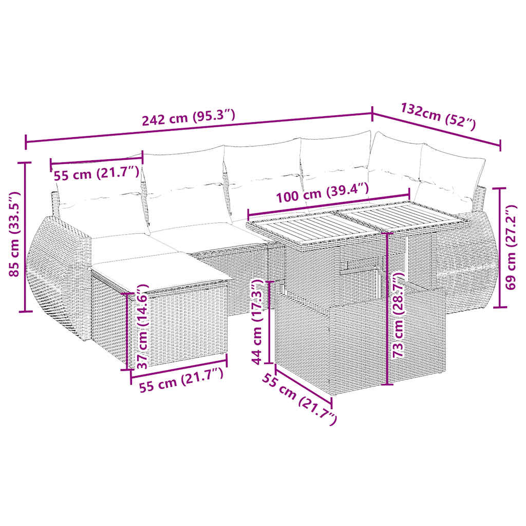 Salon de jardin avec coussins 7 pcs beige résine tressée