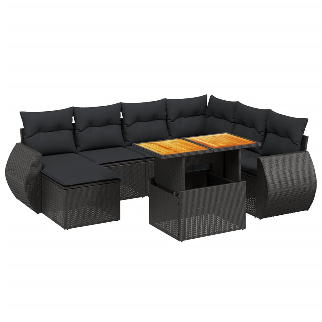Salon de jardin 8 pcs avec coussins noir résine tressée