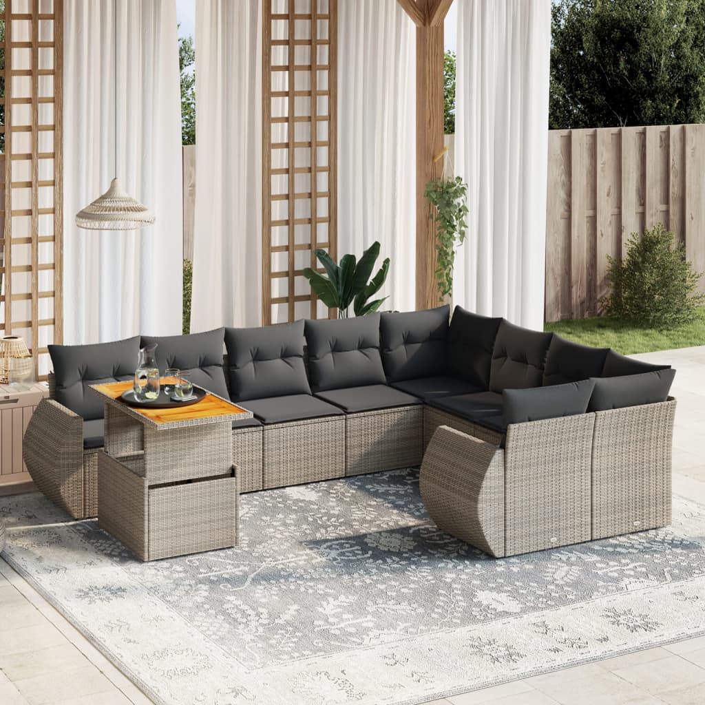 Salon de jardin avec coussins 10 pcs gris résine tressée